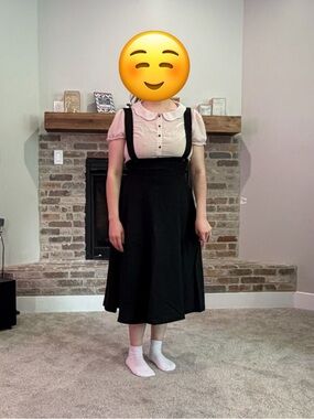 Black Suspender Midi Skirt with Cream Peter Pan Collar Top